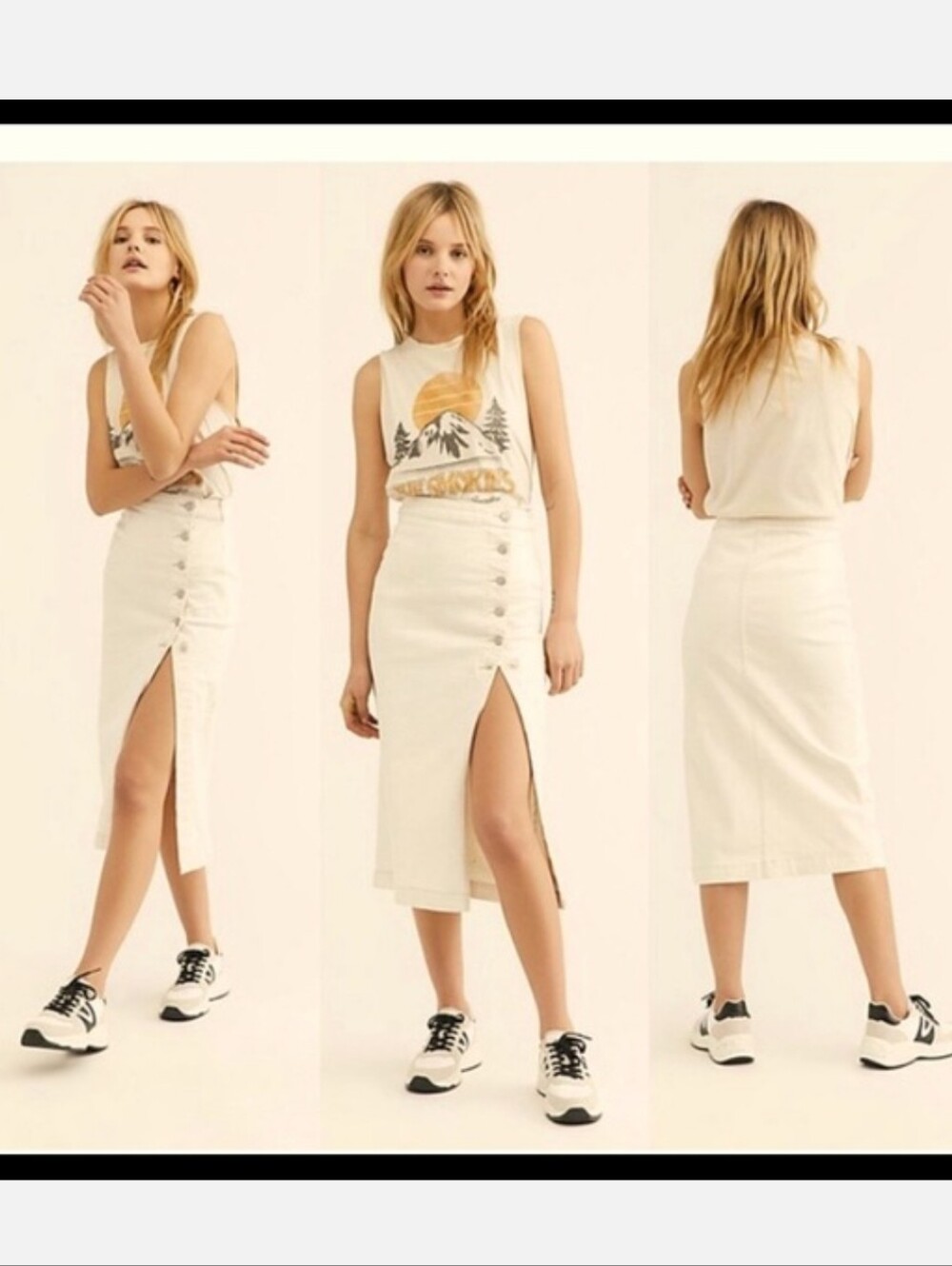 Free People High-Waist White Button-Front Midi Skirt. Size 6/8.